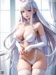 Anime girl with long white hair wearing a white lingerie.