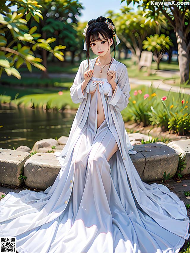 A woman in a white dress sitting on a stone wall.