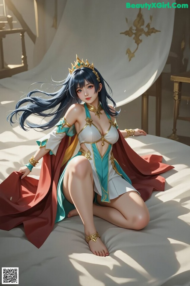 A woman in a white and blue dress sitting on a bed.