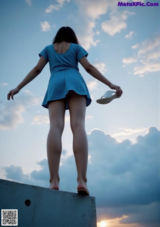 A woman in a blue dress standing on top of a concrete wall.
