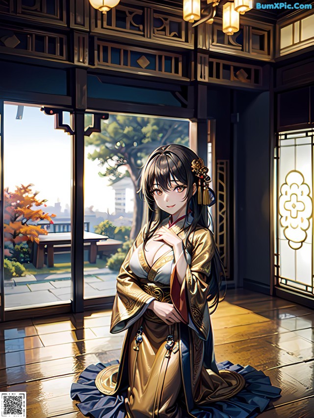 A woman in a kimono sitting on the floor in front of a window.
