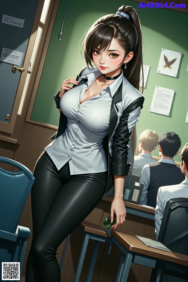 A woman in a white shirt and black pants standing in front of a classroom.